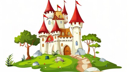 Enchanted Towers: Magical Picture of Fairy Tale Castle on White Cartoon Background – Spired Turrets with Pointed Roofs, Rainbow Flags Fluttering, Sparkling Windows, and a Curved Drawbridge, Drawn in B