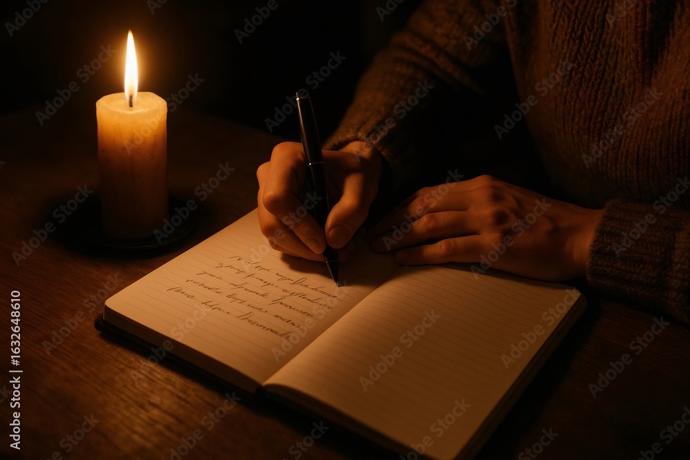 Poster hands writing in a notebook by candlelight, capturing thoughts and ideas during an energy crisis, cr