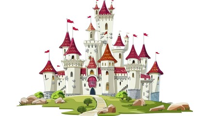 Enchanted Towers: Magical Picture of Fairy Tale Castle on White Cartoon Background – Spired Turrets with Pointed Roofs, Rainbow Flags Fluttering, Sparkling Windows, and a Curved Drawbridge, Drawn in B