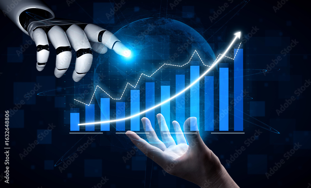 Poster a futuristic robot hand reaches out toward a digital graph, illustrating the interaction between tec