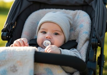 A sweet baby in a stroller with a pacifier, wearing a grey beanie and looking at the camera.