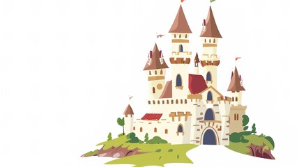 Enchanted Towers: Magical Picture of Fairy Tale Castle on White Cartoon Background – Spired Turrets with Pointed Roofs, Rainbow Flags Fluttering, Sparkling Windows, and a Curved Drawbridge, Drawn in B