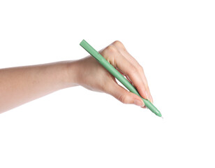 Woman holding pen on white background, closeup