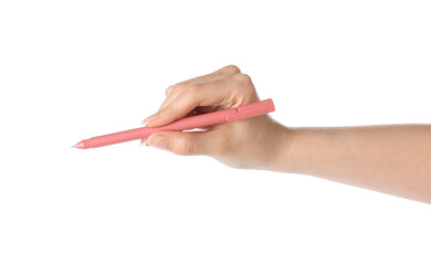 Woman holding pen on white background, closeup