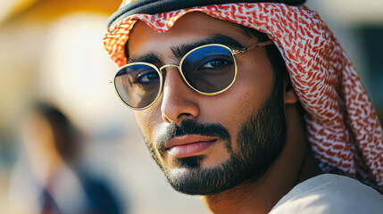Young man dressed in traditional attire and stylish sunglasses is posing outdoors, showcasing a confident expression against a blurred background, capturing a moment of cultural pride and style