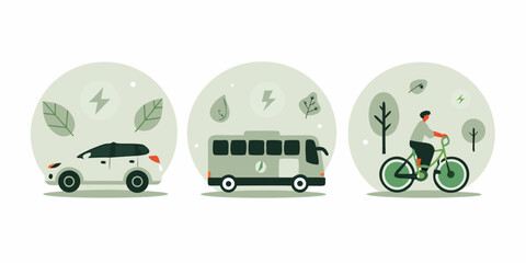Eco friendly transportation options including electric car bus and bicycle © Piku