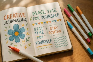 Open notebook with creative journaling page encouraging self care and positive thinking, accompanied by colorful markers on a wooden desk