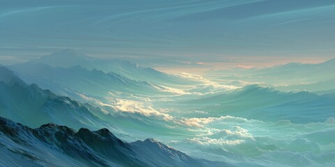 Layered mountain ridges in blue and teal under a glowing sunrise sky with mist and soft atmosphere

