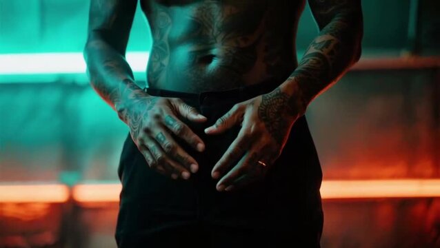 Hombre afroamericano; sus manos, cubiertas de intrincados tatuajes