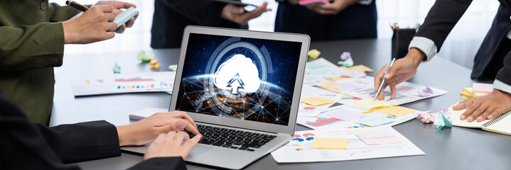 Analyst team use sticky note for creative and analytic brainstorm for business idea with BI data...