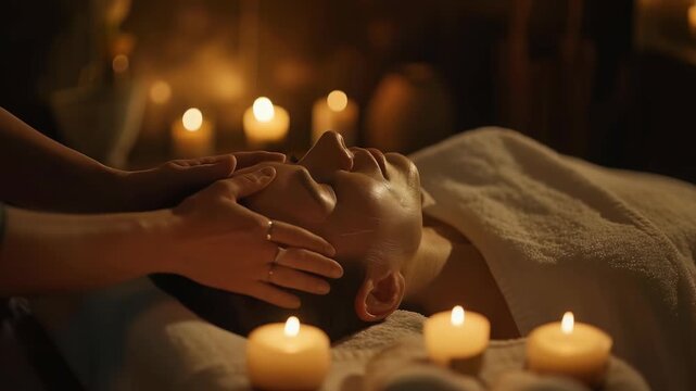 In dim, candlelit setting, person lies on soft, white towel while receiving soothing facial massage. gentle touch, soft lighting evoke feelings relaxation, self-care.