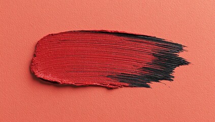 Black oil liquid on a red background, a top view of a beauty product swatch with black and coral lipstick brush strokes. A close-up macro shot of a makeup smudge. A beauty texture background.