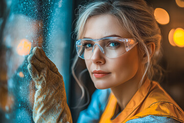 Female worker wearing protective eyewear and gloves is focused on cleaning a window in a modern industrial environment, showcasing attention to detail and commitment to cleanliness