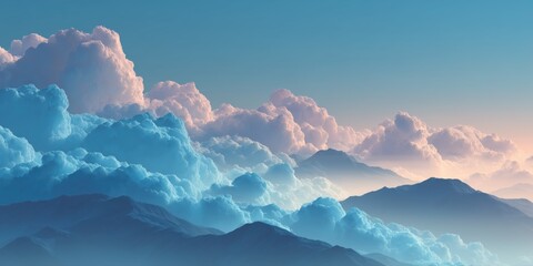 Expansive blue sky with layered fluffy clouds and soft sunrise light over distant mountain silhouettes

