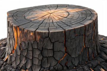 burned wooden stump with charcoal and cracked bark texture, detailed tree rings and fire damage pattern, On AI generated by PNG