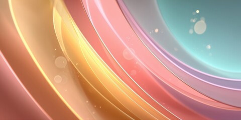 Curved bands in gold, pink, peach, and aqua blend with glowing highlights and circular bokeh

