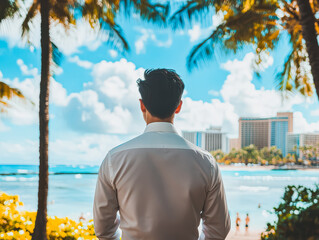 Man in white shirt stands with his back to the camera, admiring a beautiful tropical beach scene with palm trees, clear blue water, and a bright sky, evoking a sense of tranquility and escape
