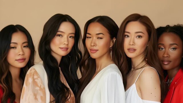 Stunning, vibrant ensemble five diverse women, each exuding abundant grace, confidence, skillfully showcasing latest fashion trends against beautiful, serene backdrop