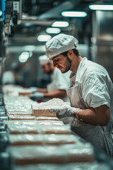 Male chef dressed in a white uniform is focused on preparing food in a contemporary kitchen, surrounded by neatly arranged ingredients and equipment, showcasing culinary skills and precision