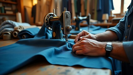 Sewing machine tailor working with fabric in workshop for custom clothing design and dressmaking project