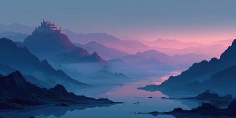 Deep blue and violet layered mountain silhouettes under a soft pink and blue twilight sky with lake reflection

