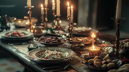 The  captures a grand and elegant dinner party, with an exquisite table setting that includes multiple dishes, fine silverware, and candlelight ambiance.