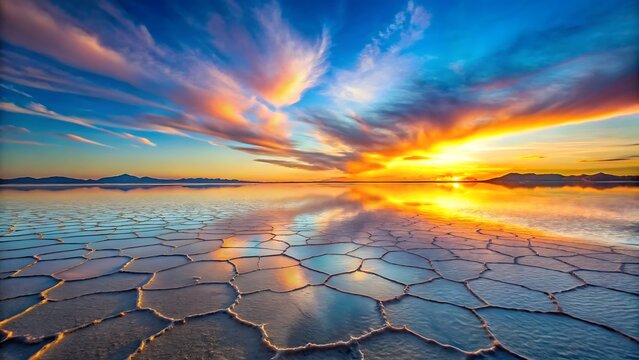 Dramatic Sunset over Cracked Salt Flat, Vibrant Colors, Peaceful Mood,  Reflective Water,  Stunning Landscape Photography. - Powered by Adobe