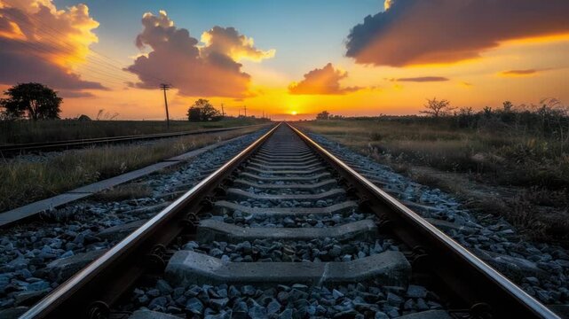 A train track scene with a beautiful sunset in the background, suitable for use in travel or adventure-themed projects