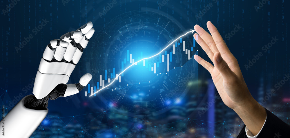 Poster this image depicts a dynamic interaction between a human hand and a robotic hand, emphasizing techno