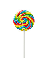 Colorful spiral lollipop on a transparent background. The lollipop features vibrant red, blue, green, and yellow swirls, with a white stick.