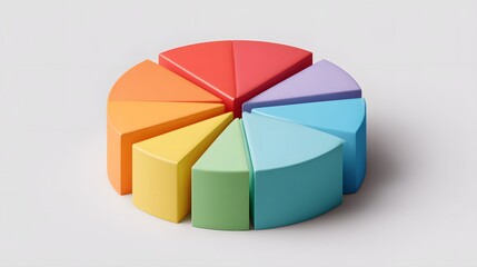 Colorful 3D pie chart segments represent percentages, data visualization, and statistical analysis.