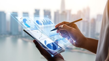 businessman holding digital tablet with graph