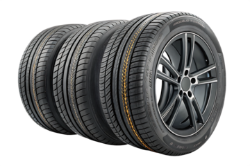 Car tires with a great profile in the car repair shop. Set of summer or winter Tyres in front of white fond. On AI generated by PNG