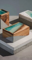 Wooden and concrete boxes with resin inlay