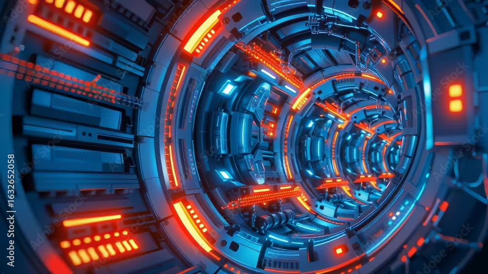 Aufkleber circular technological corridor with glowing blue and red circular interfaces. detailed cyberpunk in