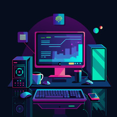 Modern computer setup with neon lighting and data visualization