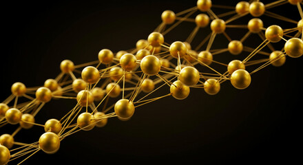Gold molecular structure with interconnecting atoms on black background  