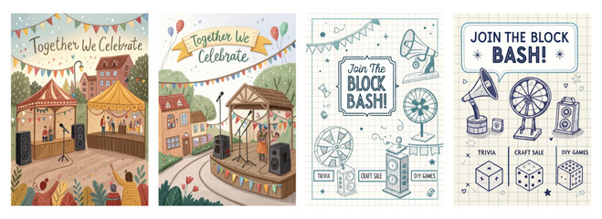 Set of four posters featuring vibrant block party scenes with music, crafts, and games