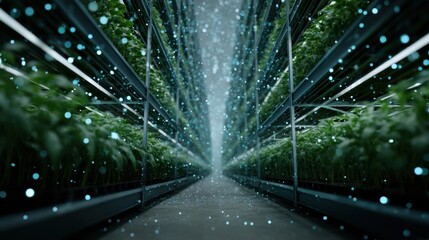 A digital dashboard displaying realtime data on plant growth nutrient levels and environmental conditions within a vertically stacked farming unit highlighting AI technologys role in