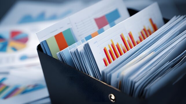 Reports and financial analysis in an organized box with charts and data for making decisions.