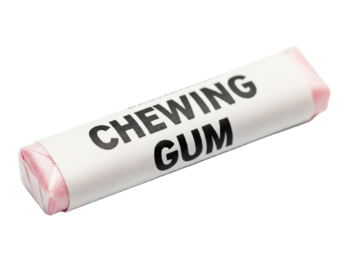 A pack of chewing gum with a white wrapper and bold black text. The gum is pink at the ends, set against a transparent background.