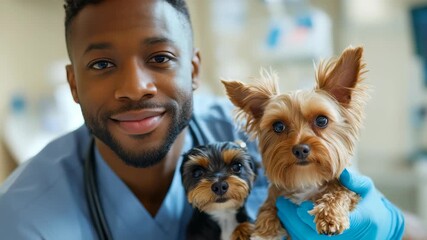 Close-up shot friendly veterinarian holding two small dogs. vet is wearing blue scrubs, gloves. dogs are focus. warm, caring interaction is captured at veterinary clinic.