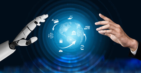 AI managing digital payment network, verifying transactions, enhancing security, and processing global financial transfers through connected platforms. Vouch