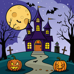 Spooky Halloween night background with bats, a haunted castle, and pumpkins under a full moon