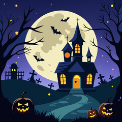 A spooky Halloween background with a haunted castle, jack-o'-lanterns, and bats flying against a full moon on a dark autumn night