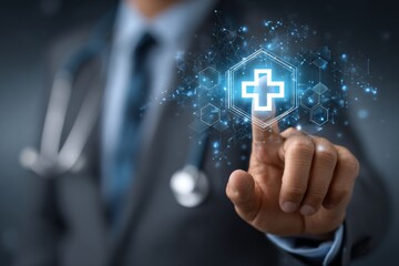 Doctor interacting with a holographic medical cross, symbolizing innovative healthcare technology and futuristic medicine