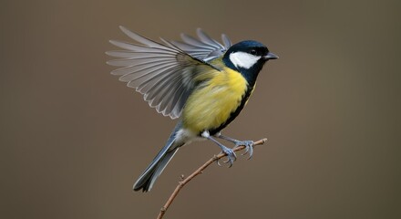 Fototapeta premium Illustration of great tit perched on a branch about to take flight with wings spread