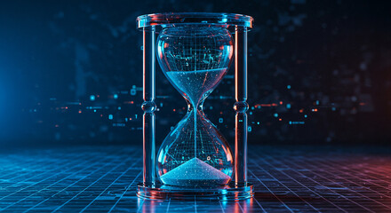 Hourglass with flowing sand on digital background in blue and red  