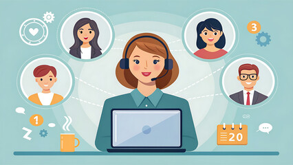 Fototapeta premium Friendly female customer service representative wearing a headset and working on a laptop with a team of colleagues connected remotely