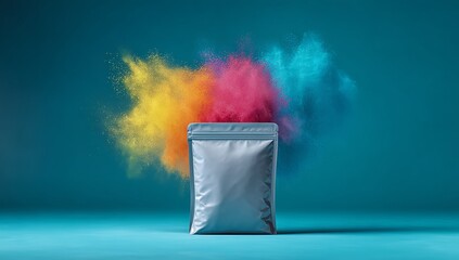 A realistic stand-up Pouch product photo mock-up with colorful sand in the background, a solid green color backdrop, high-end photography, high resolution, cinematic, soft lighting